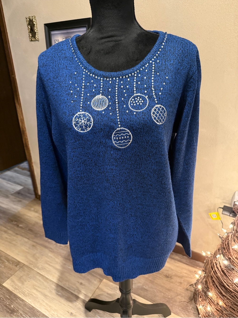 Blue Embellished Crewneck Sweater with Bead Detail